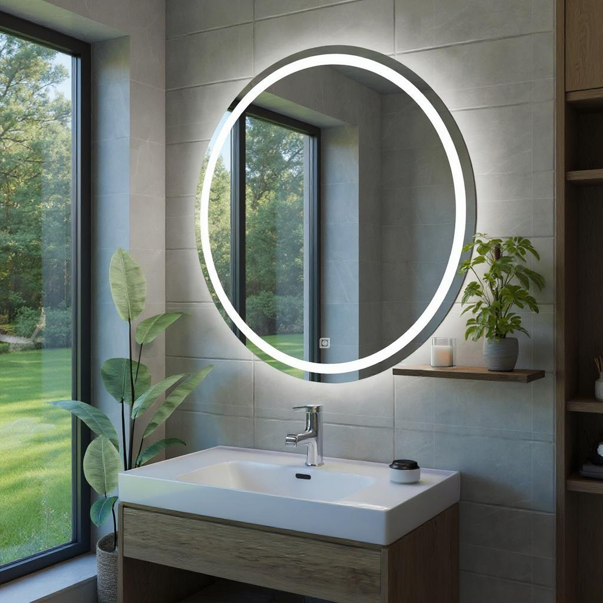 Dokunmatik Tuşlu ve LED Işıklı Yuvarlak Banyo Aynası - Beyaz Işık