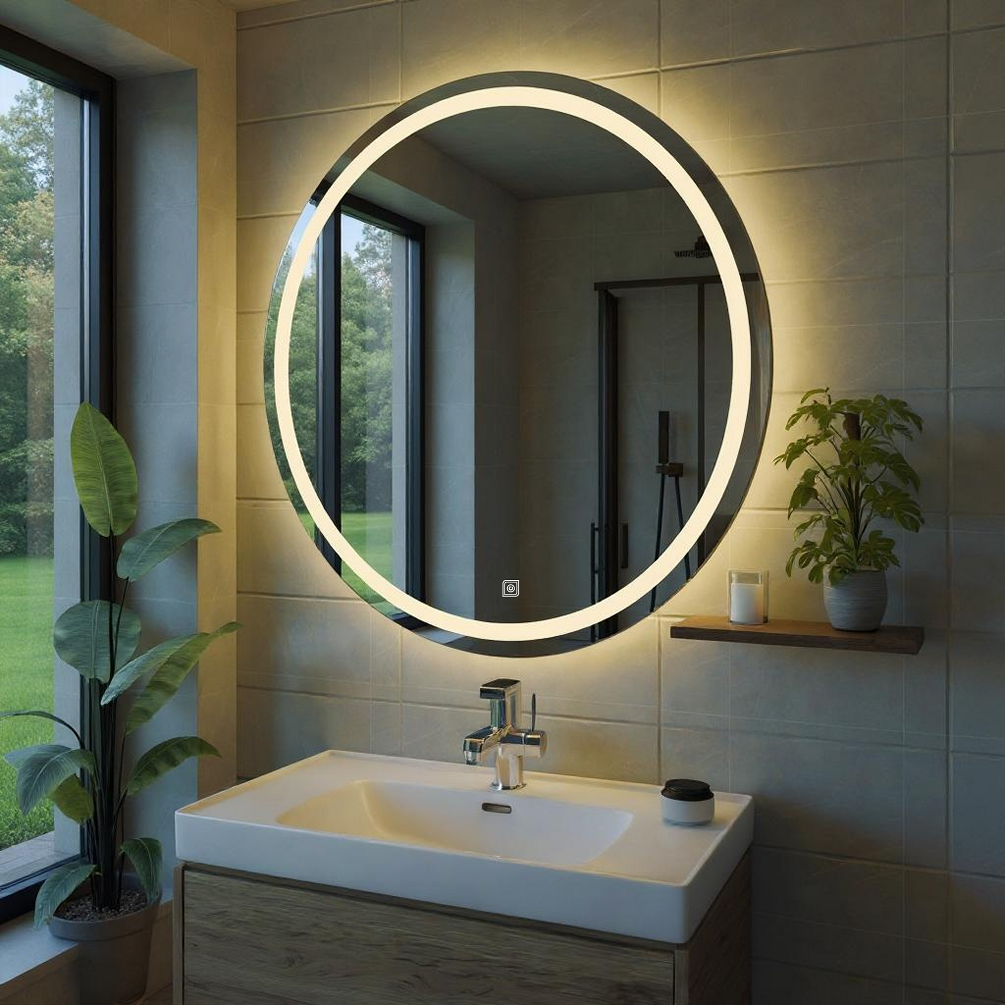 Dokunmatik Tuşlu ve LED Işıklı Yuvarlak Banyo Aynası - Gün Işığı