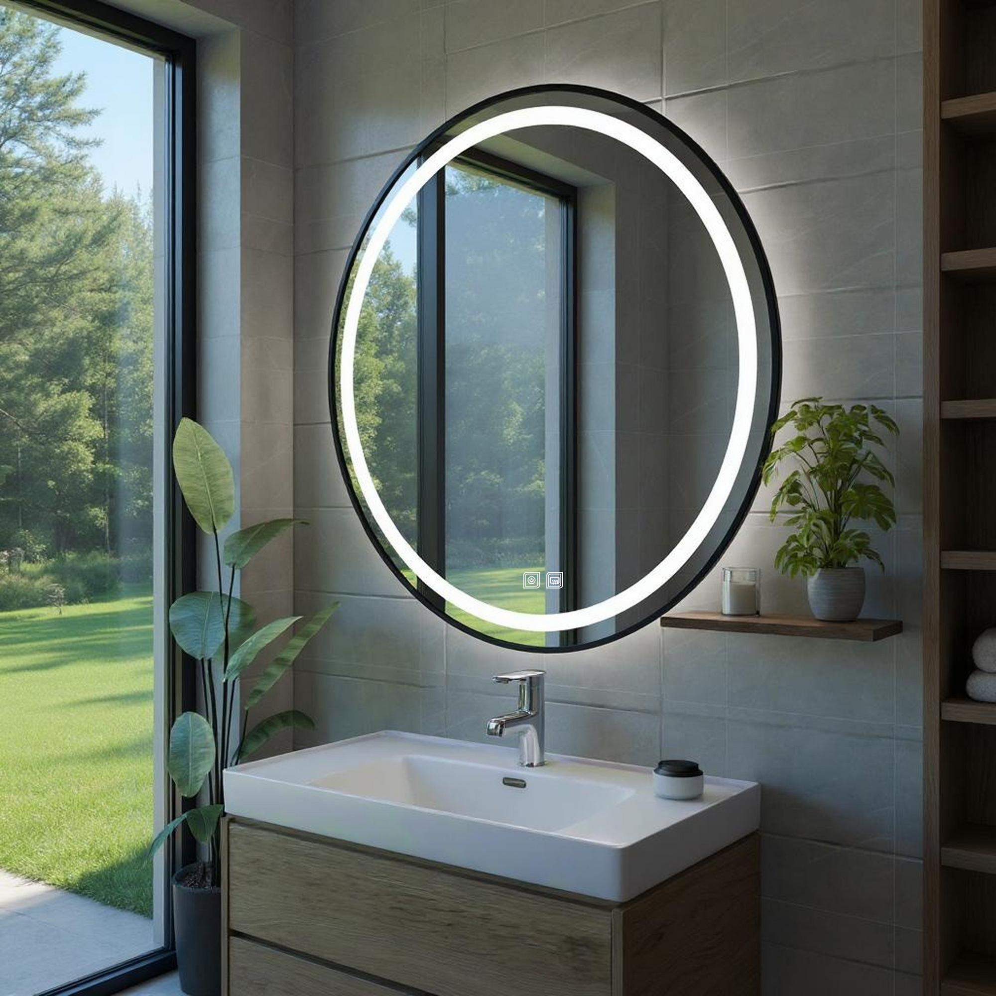 Buğu Çözücülü, Dokunmatik Tuşlu, LED Işıklı Yuvarlak Banyo Aynası - Beyaz Işık