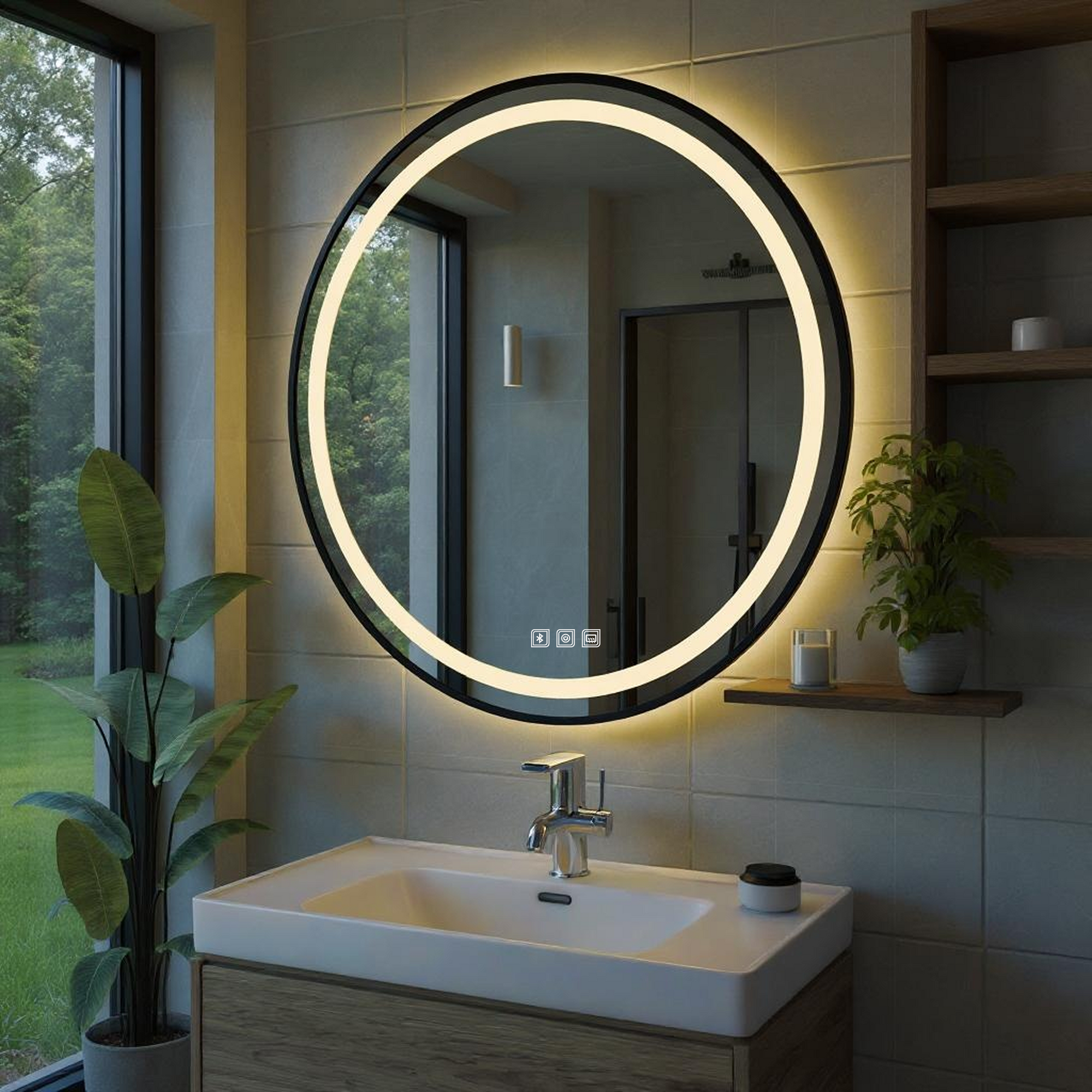 Bluetoothlu, Buğu Çözücülü, Dokunmatik LEDli Yuvarlak Ayna - Gün Işığı