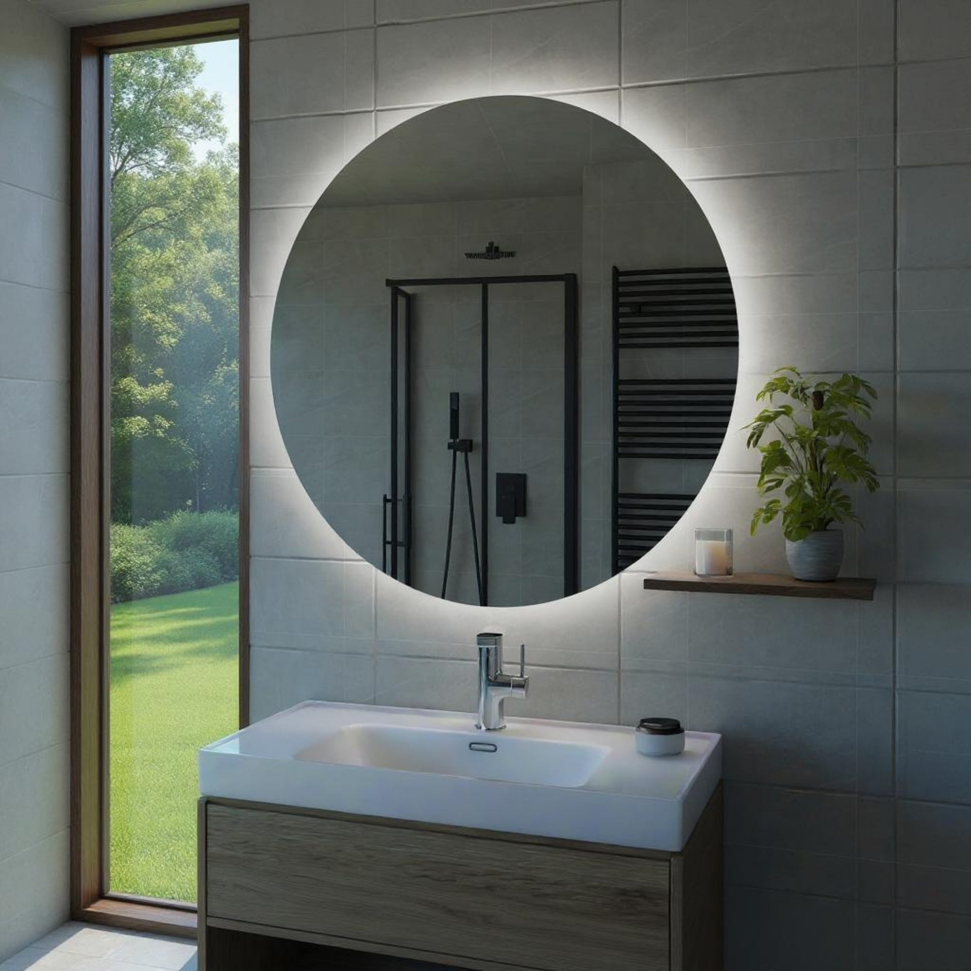 Desensiz LED Işıklı Yuvarlak Banyo Aynası - Beyaz Işık