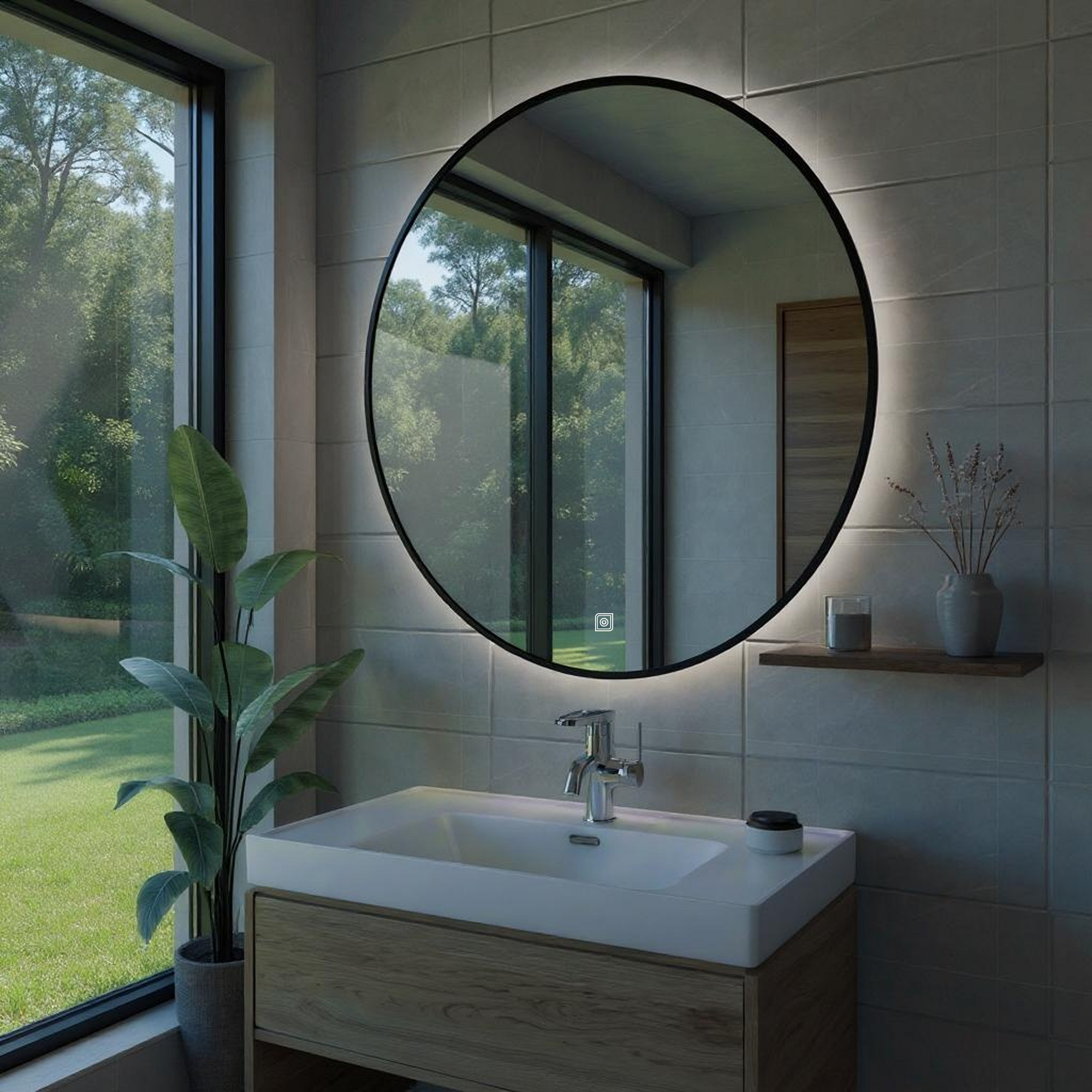 Desensiz Dokunmatik Tuşlu ve LED Işıklı Yuvarlak Banyo Aynası - Beyaz Işık
