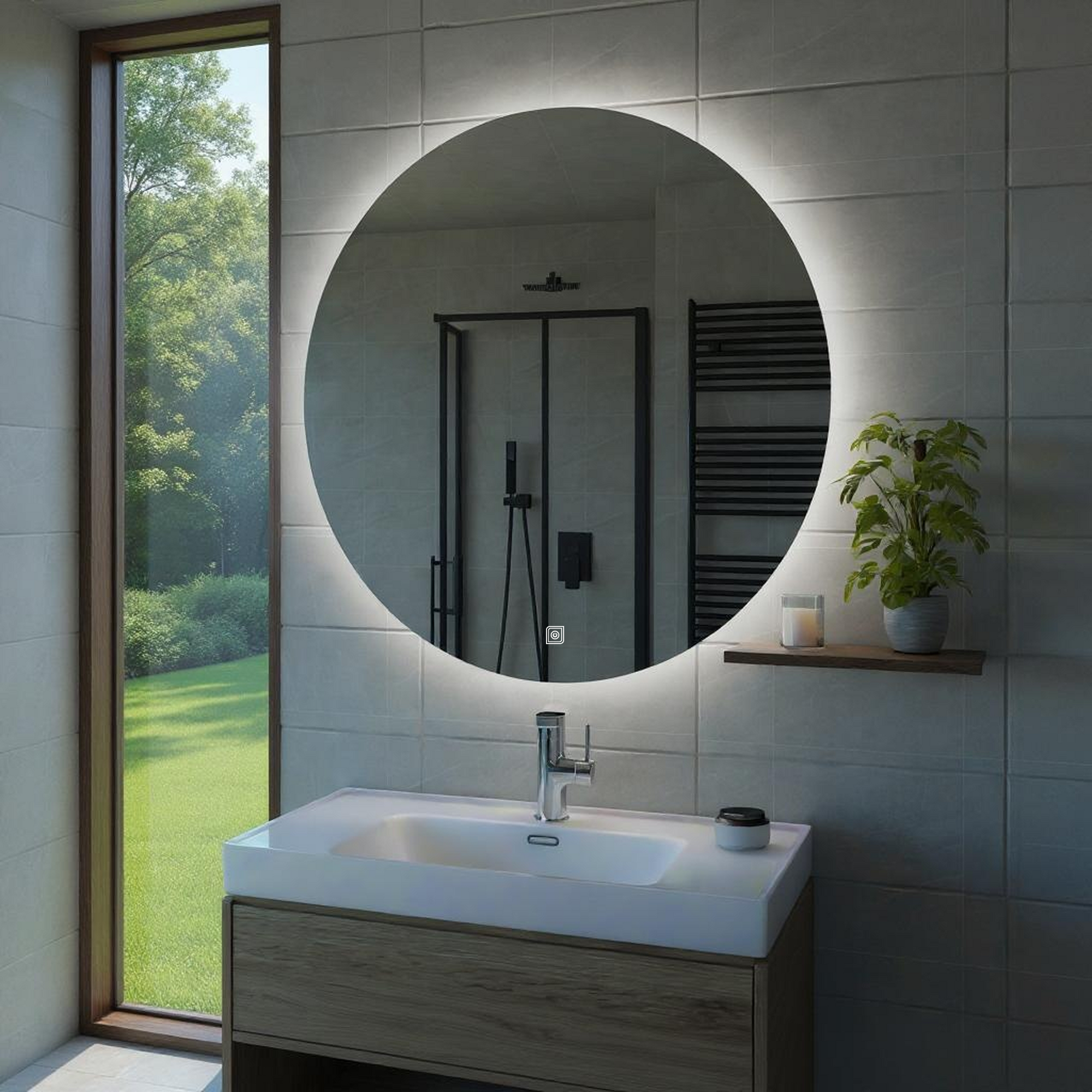 Desensiz Dokunmatik Tuşlu ve LED Işıklı Yuvarlak Banyo Aynası - Beyaz Işık