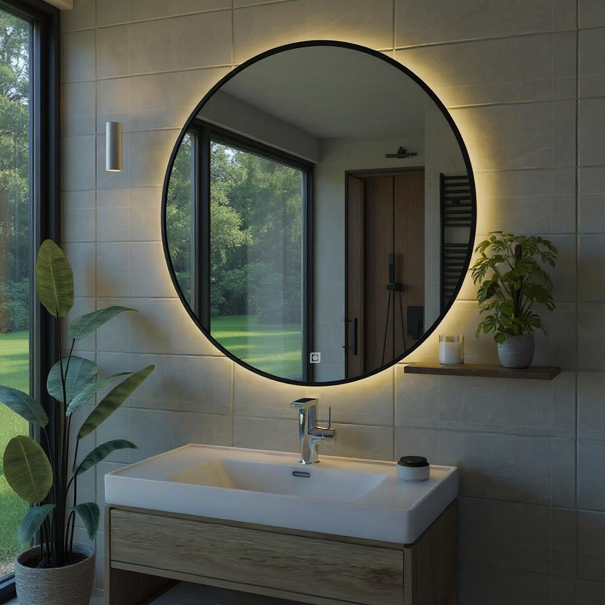 Desensiz Dokunmatik Tuşlu ve LED Işıklı Yuvarlak Banyo Aynası - Gün Işığı