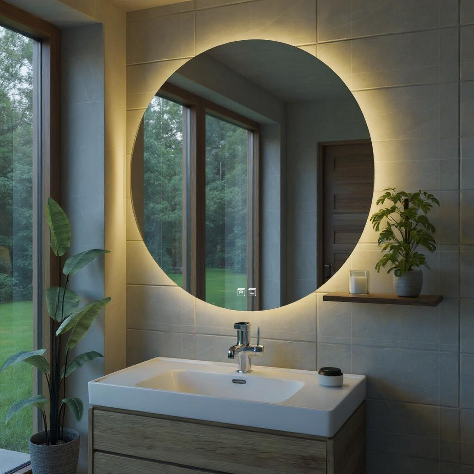 Desensiz Buğu Çözücülü, Dokunmatik Tuşlu, LED Işıklı Yuvarlak Banyo Aynası - Gün Işığı