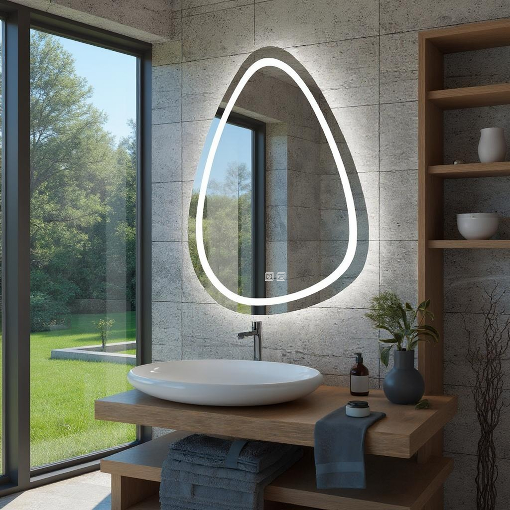 Buğu Çözücülü, Dokunmatik Tuşlu, LED Işıklı Asimetrik Banyo Aynası - Beyaz Işık
