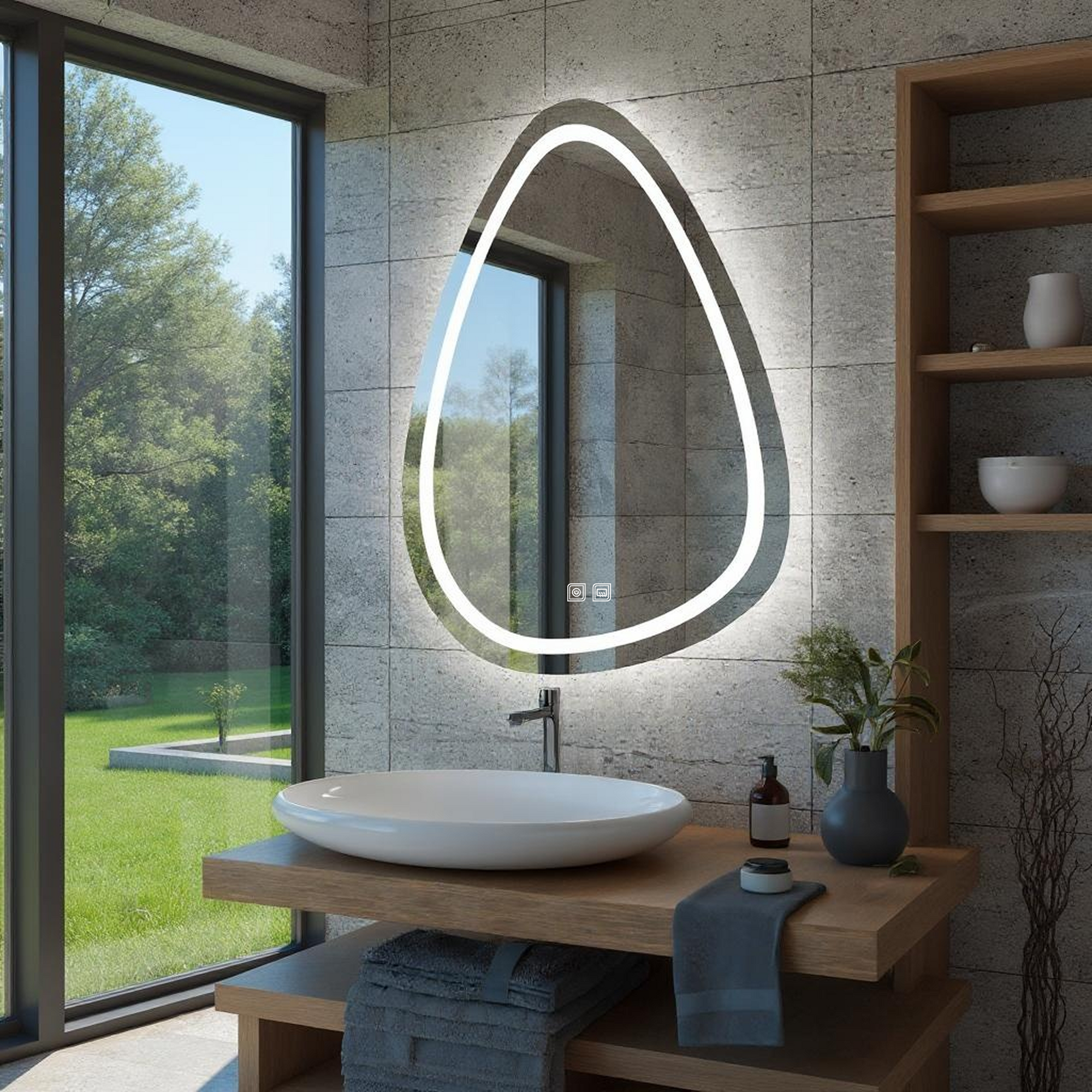 Buğu Çözücülü, Dokunmatik Tuşlu, LED Işıklı Asimetrik Banyo Aynası - Beyaz Işık