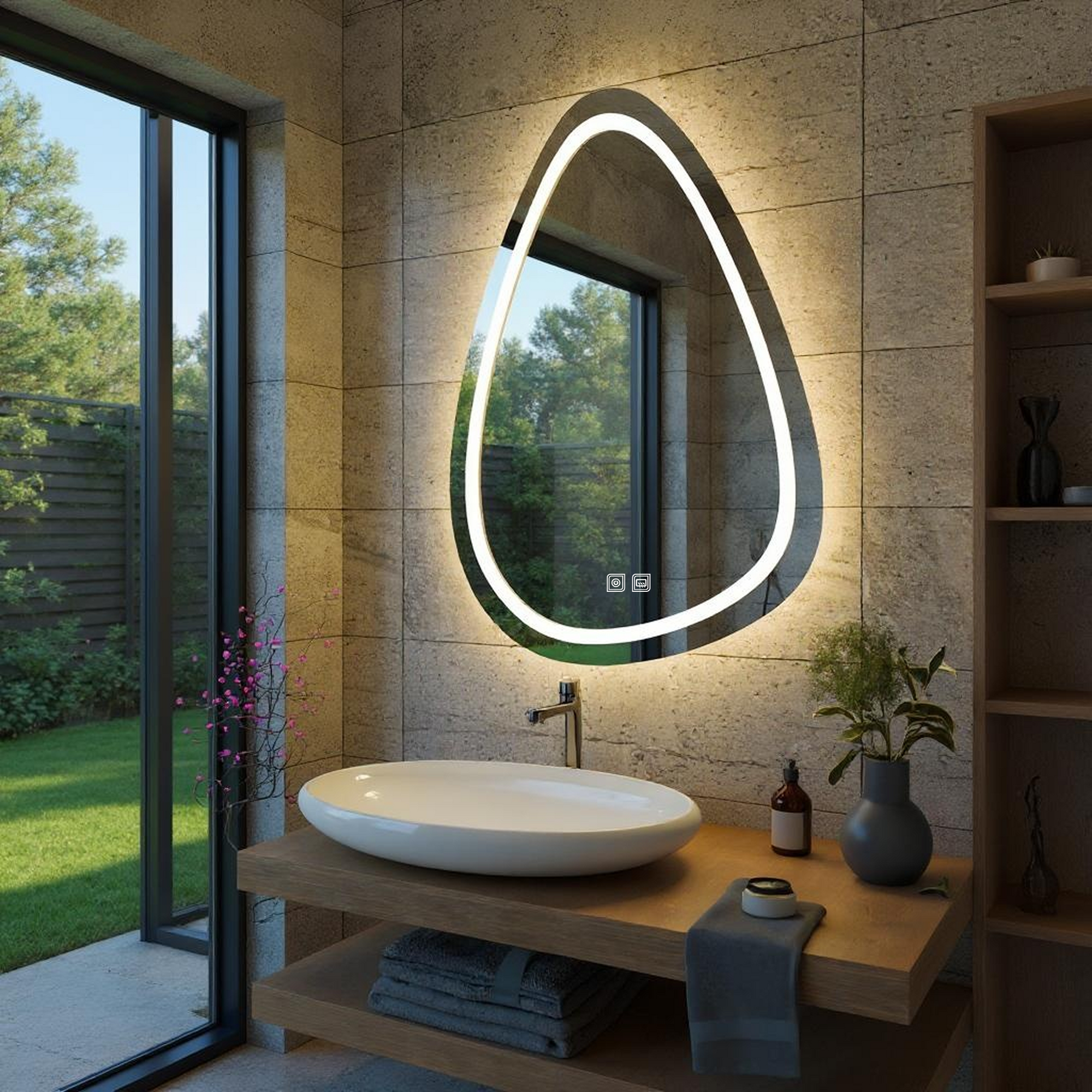 Buğu Çözücülü, Dokunmatik Tuşlu, LED Işıklı Asimetrik Banyo Aynası - Gün Işığı