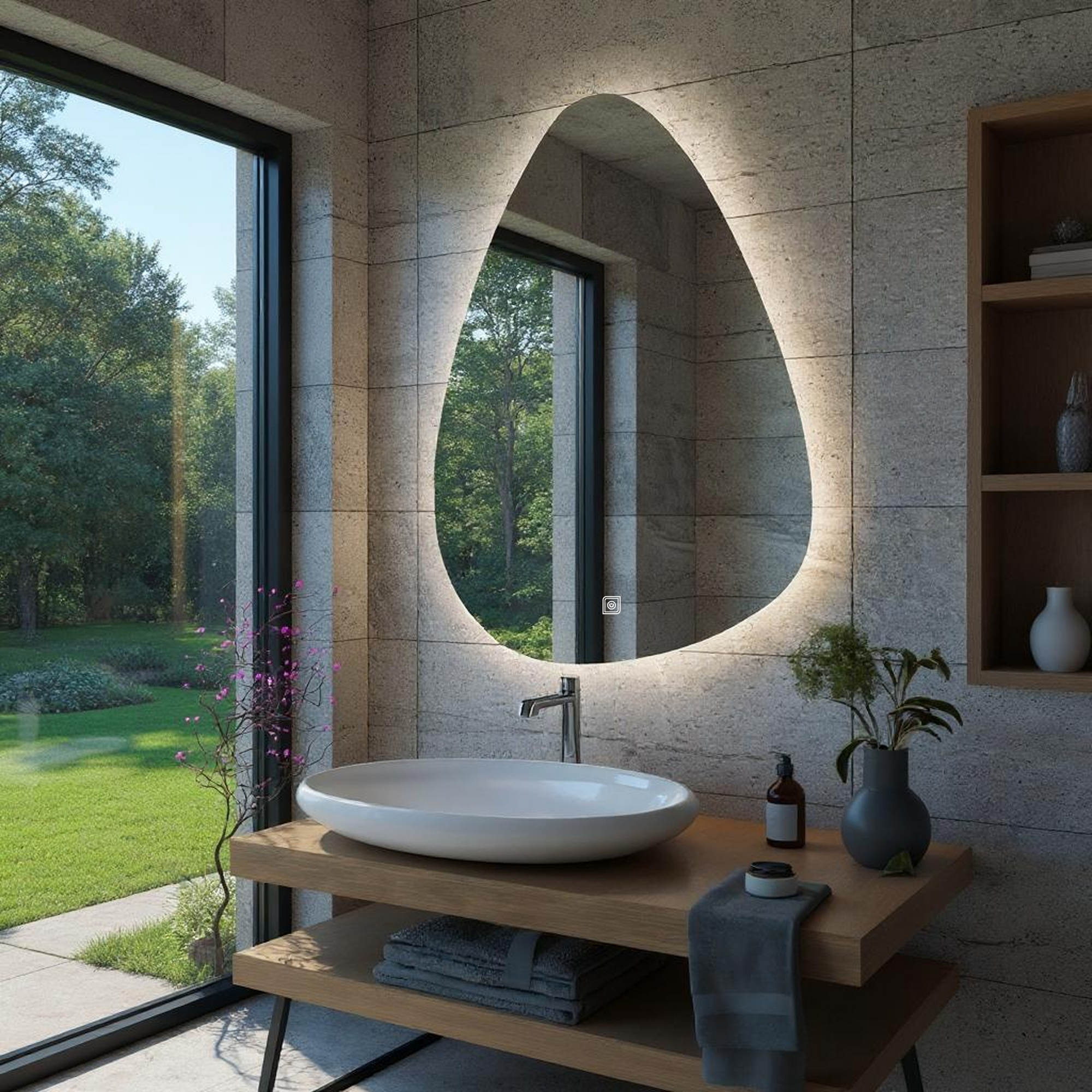 Desensiz Dokunmatik Tuşlu ve LED Işıklı Asimetrik Banyo Aynası - Beyaz Işık