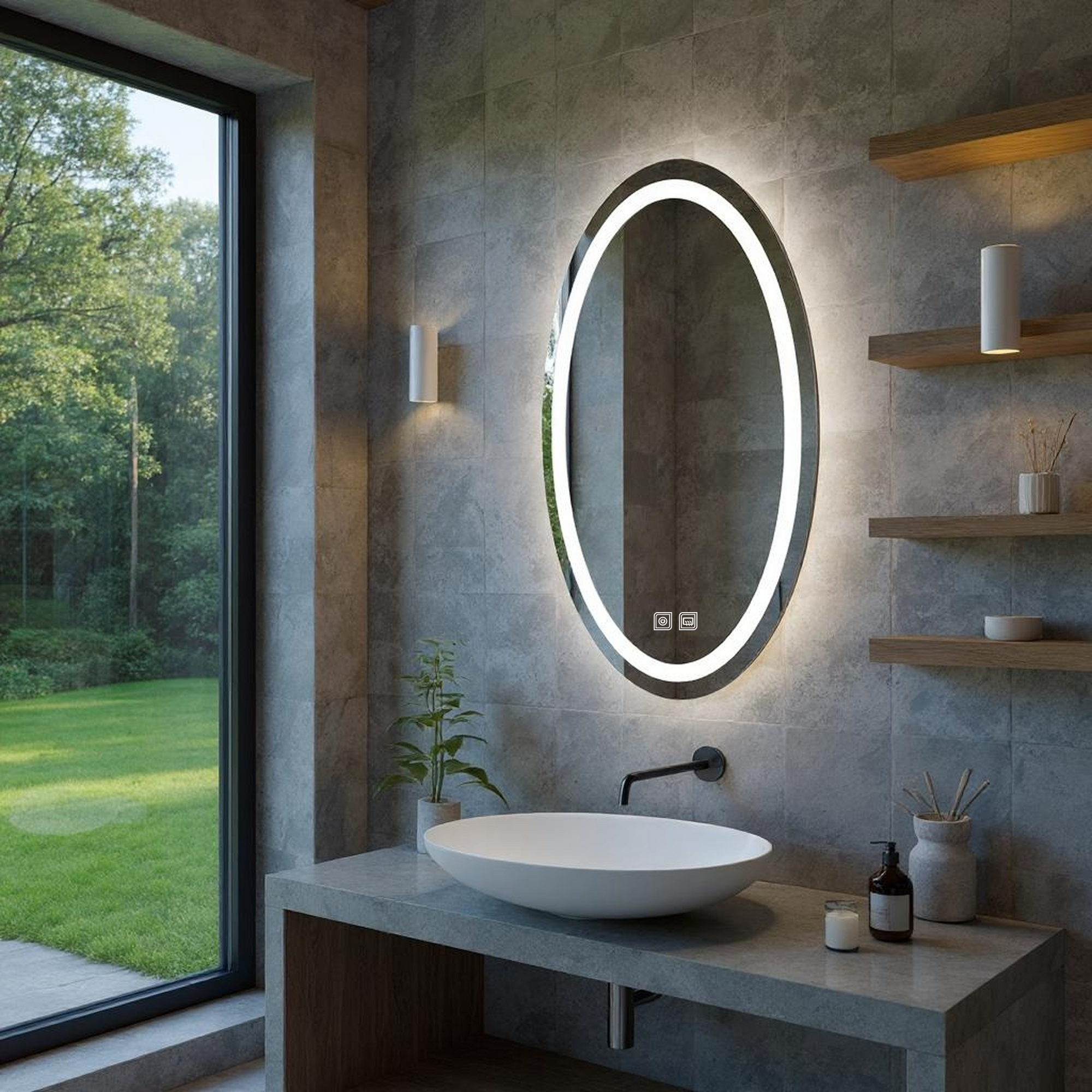 Buğu Çözücülü, Dokunmatik Tuşlu, LED Işıklı Elips Banyo Aynası - Beyaz Işık