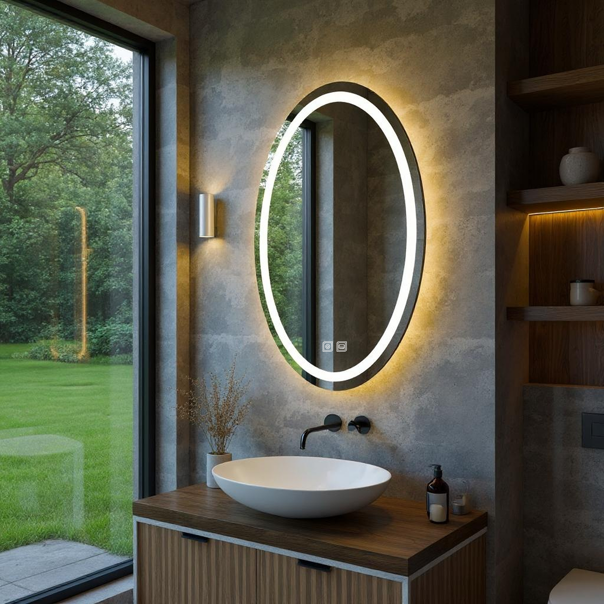 Buğu Çözücülü, Dokunmatik Tuşlu, LED Işıklı Elips Banyo Aynası - Gün Işığı