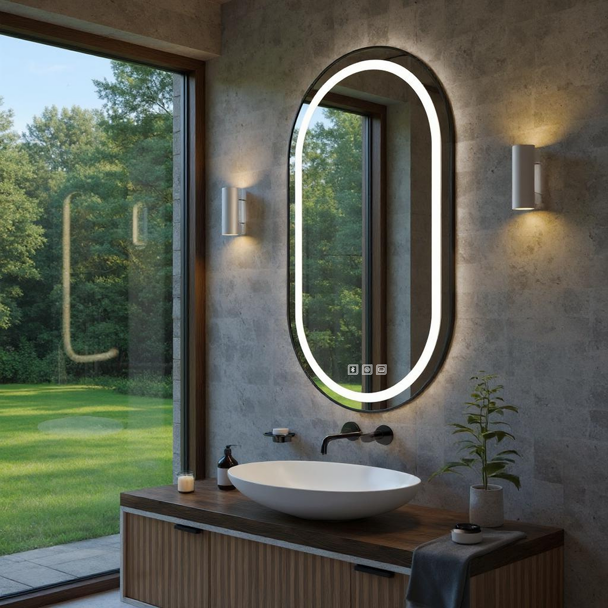 Bluetoothlu, Buğu Çözücülü, Dokunmatik LEDli Oval Ayna - Beyaz Işık