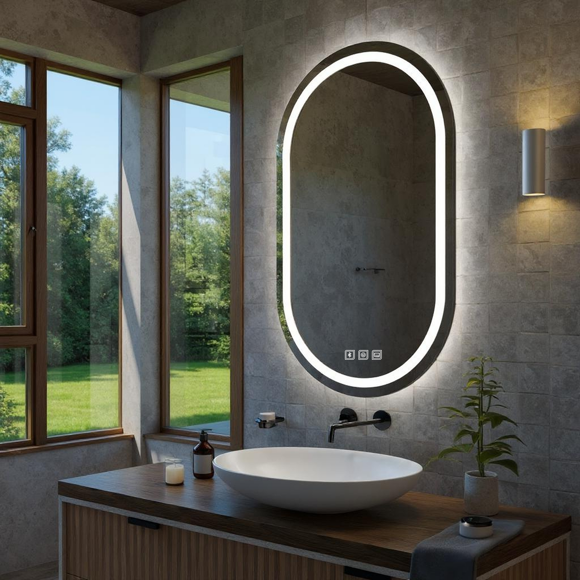 Bluetoothlu, Buğu Çözücülü, Dokunmatik LEDli Oval Ayna - Beyaz Işık