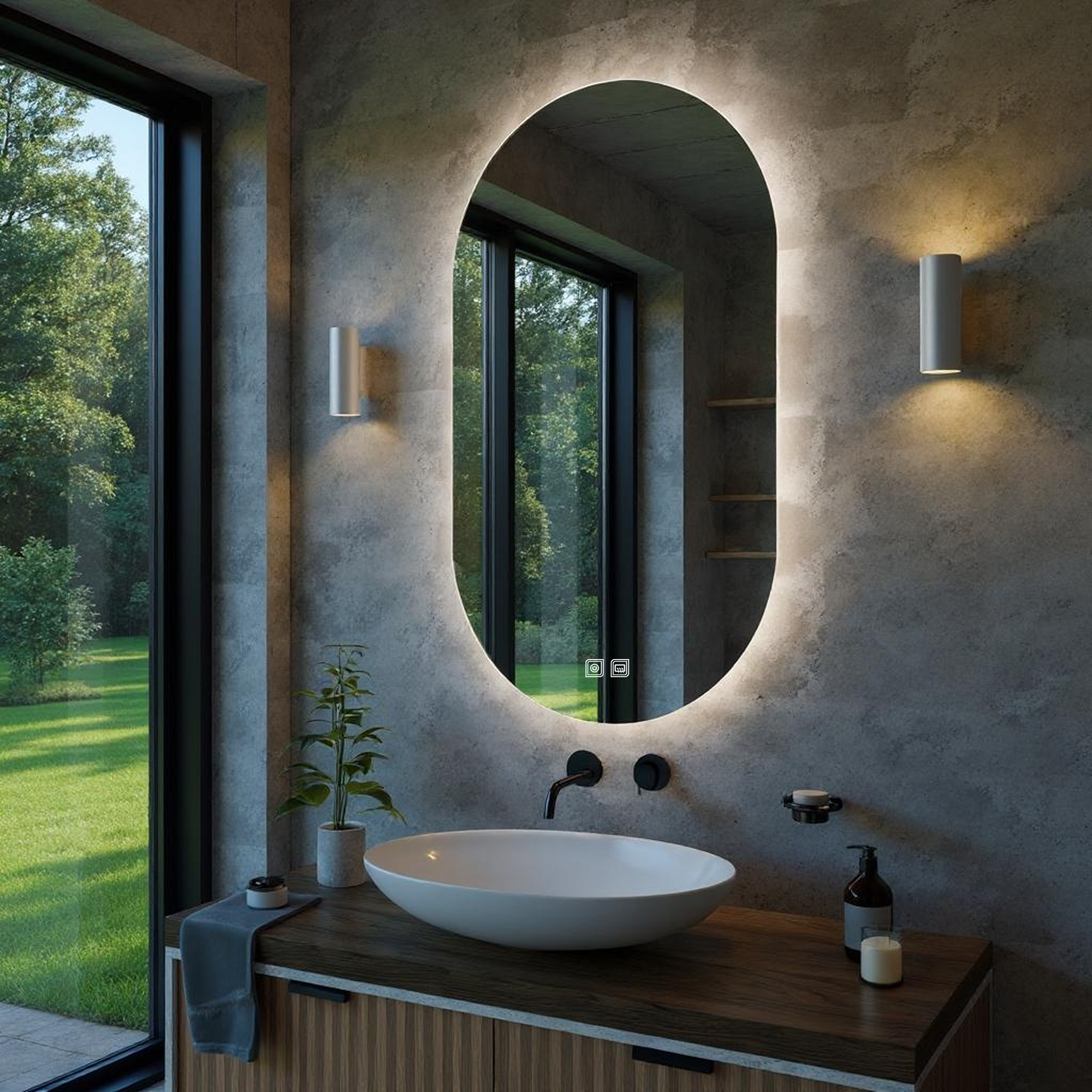 Desensiz Buğu Çözücülü, Dokunmatik Tuşlu, LED Işıklı Oval Banyo Aynası - Beyaz Işık