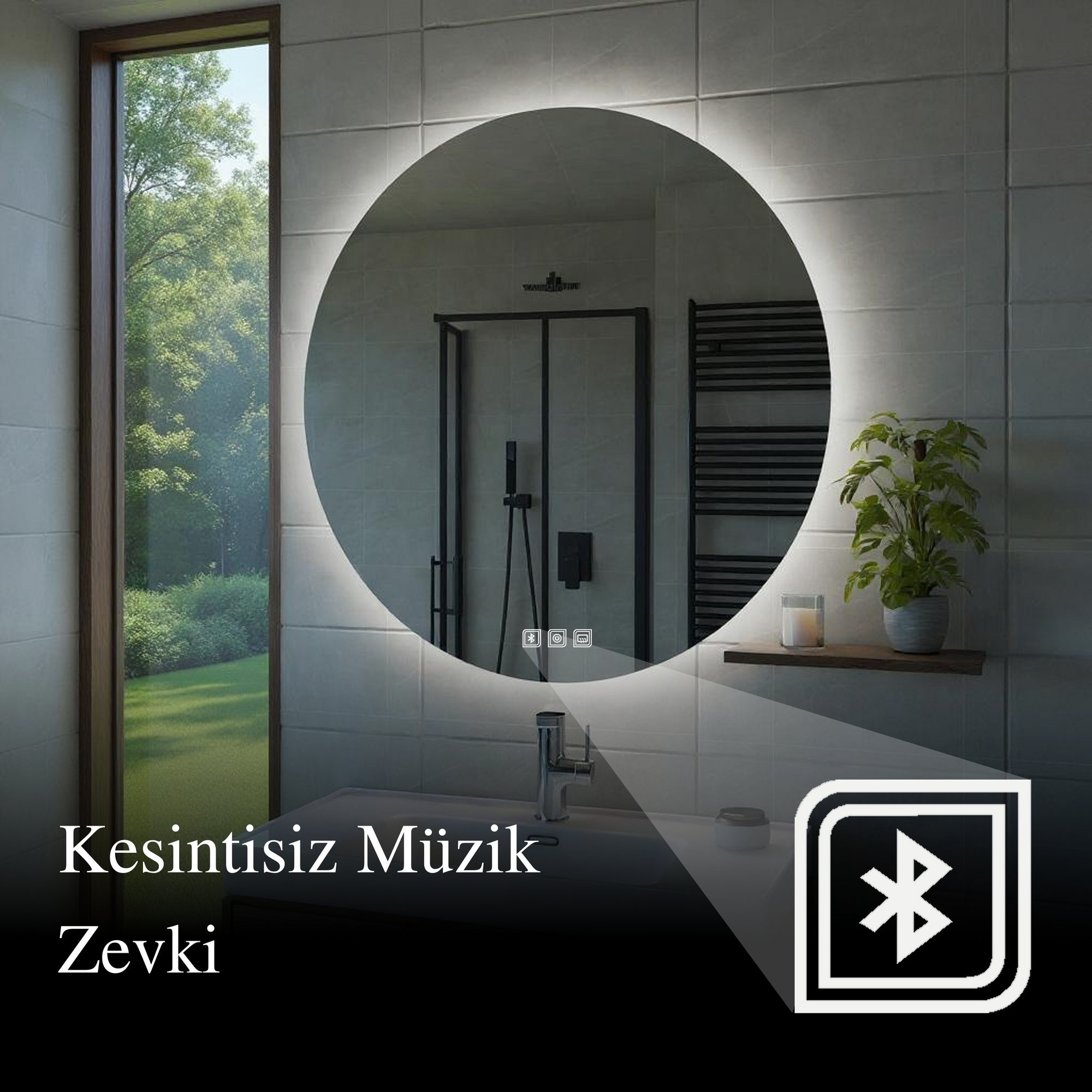 Desensiz Bluetoothlu, Buğu Çözücülü, Dokunmatik LEDli Elips Ayna - Gün Işığı