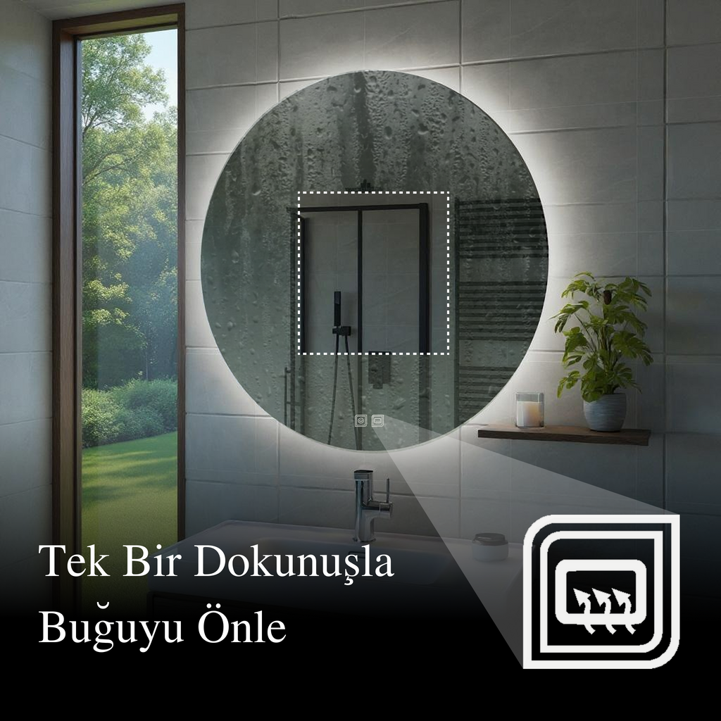 Bluetoothlu, Buğu Çözücülü, Dokunmatik LEDli Dikdörtgen Ayna - Beyaz Işık