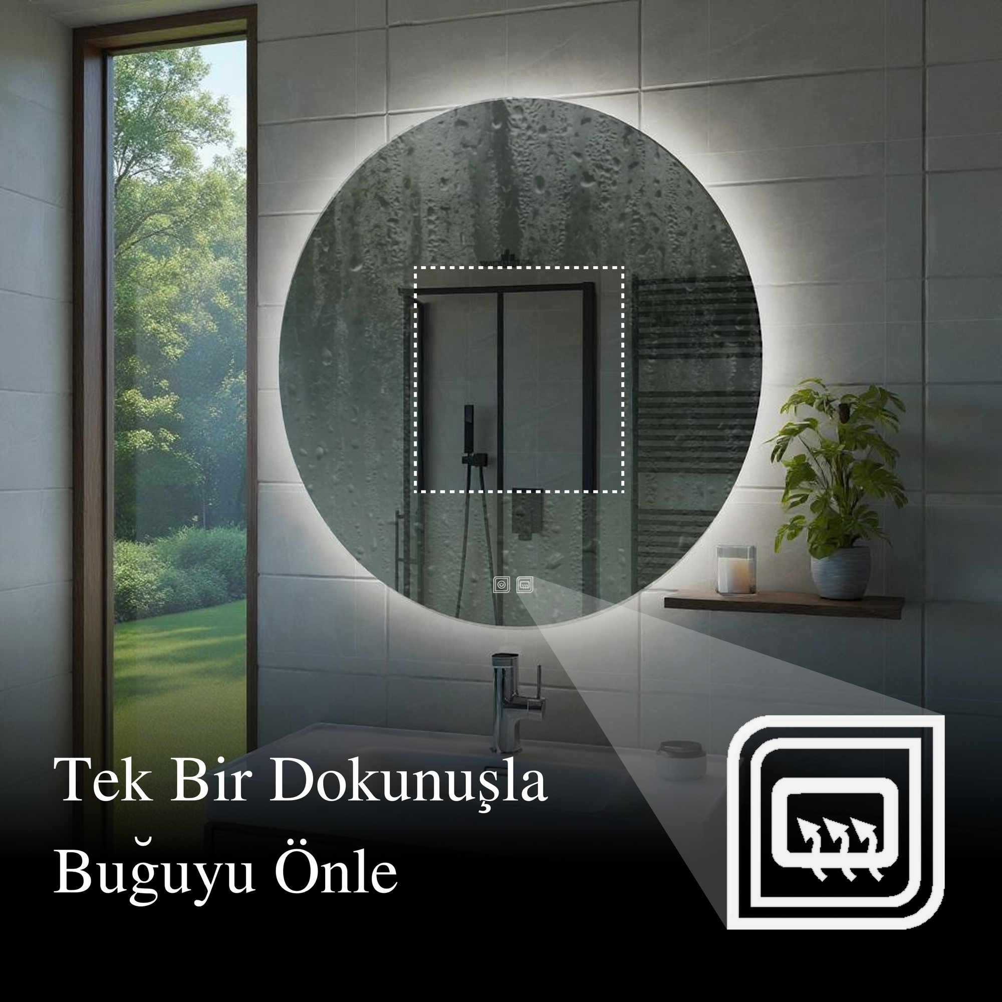 Bluetoothlu, Buğu Çözücülü, Dokunmatik LEDli Oval Ayna - Beyaz Işık