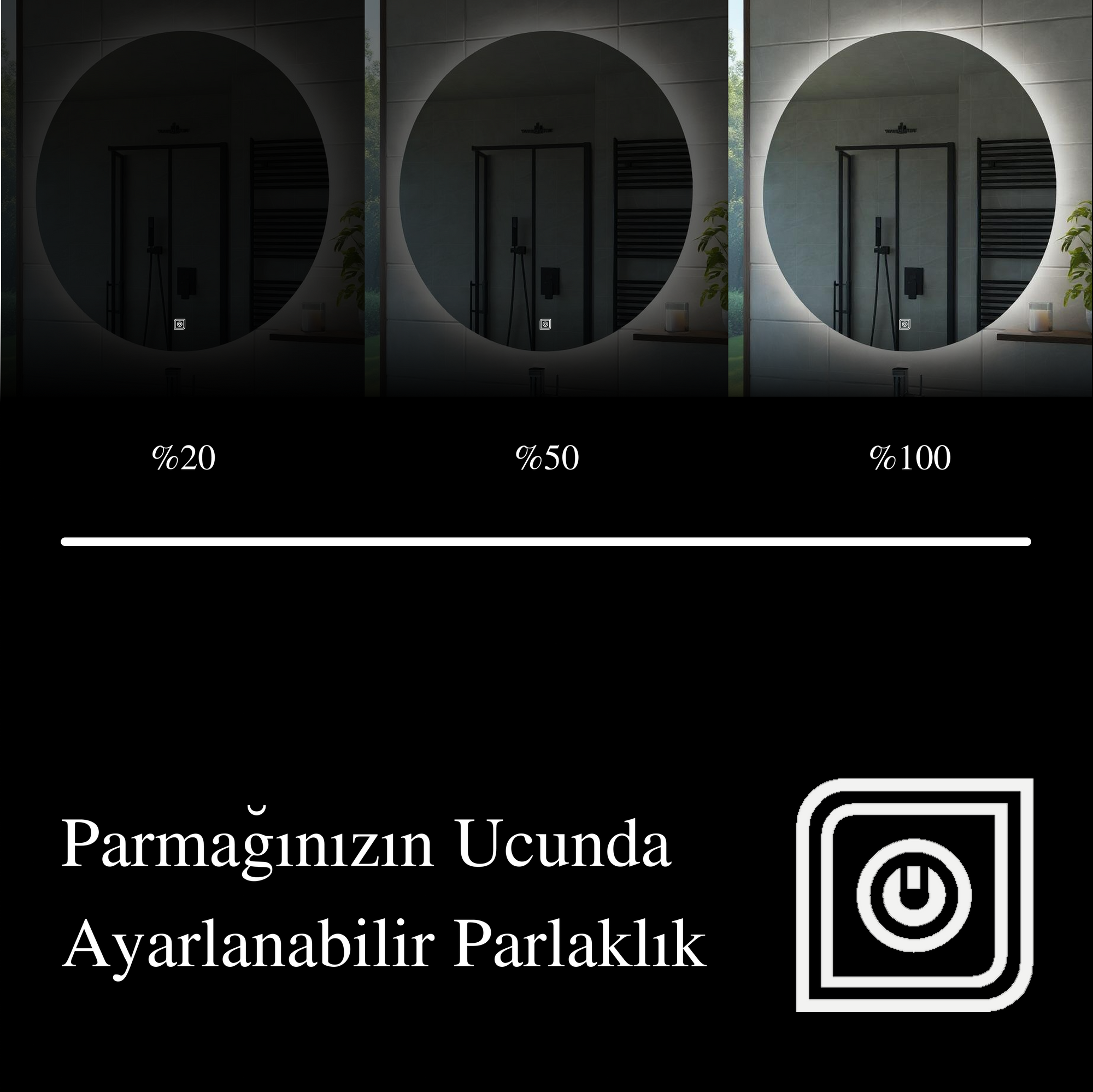 Bluetoothlu, Buğu Çözücülü, Dokunmatik LEDli Yuvarlak Ayna - Beyaz Işık