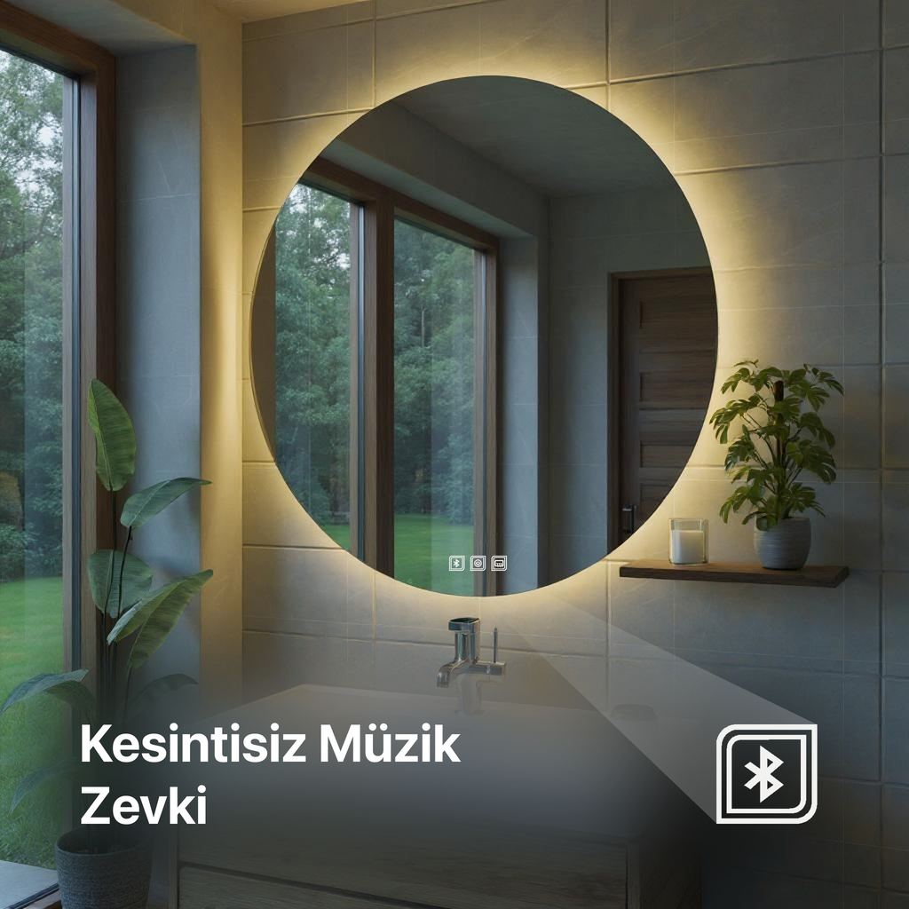 Bluetoothlu, Buğu Çözücülü, Dokunmatik LEDli Asimetrik Ayna - Beyaz Işık