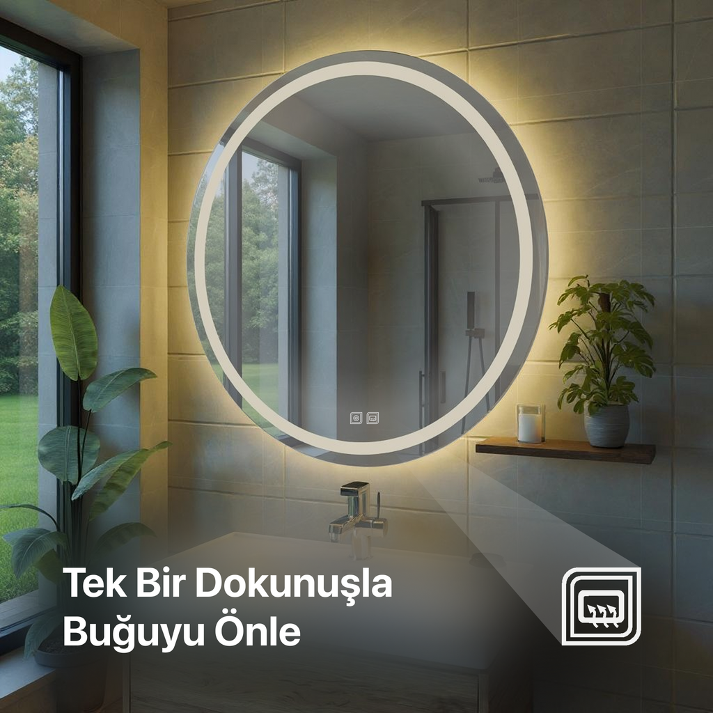 Desensiz Bluetoothlu, Buğu Çözücülü, Dokunmatik LEDli Yuvarlak Ayna - Beyaz Işık